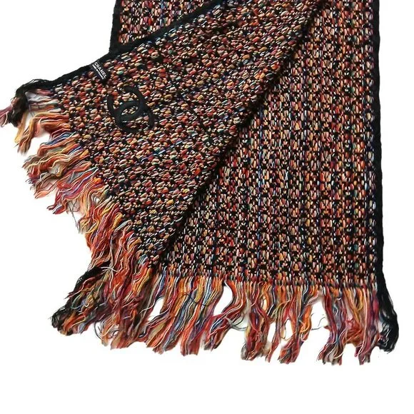 CHANEL Luxury Vintage Black & Red Multi-Color Woven Fringed Shawl Wrap Scarf - Picture 8 of 15